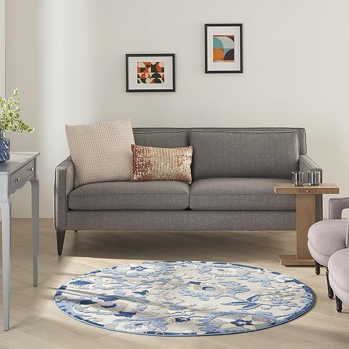 Nourison Home Aloha Blue Grey 5'3" x Round Area Rug - Easy Clean, Non Shedding, Bed Room, Living Room, Dining Room, Kitchen (5' x Round)