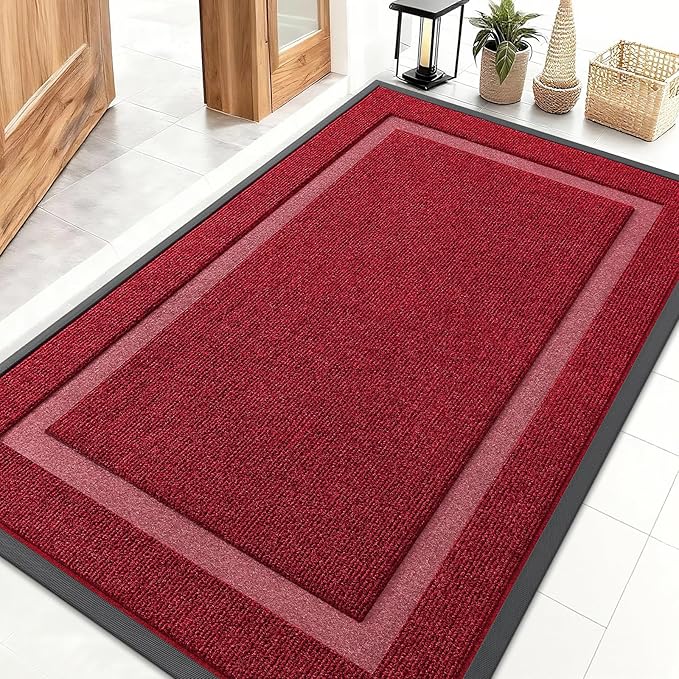 OLANLY Front Door Mat Indoor Outdoor Entrance, Waterproof All-Season, All-Weather Doormat, Sturdy Natural Rubber, Fade Resistant, Low Profile, Easy Clean Patio Porch Entryway Mat, 59x40, Wine Red