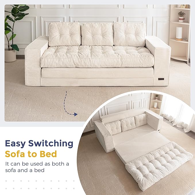 MAXYOYO Convertible Sofa Bed, Pull Out 3 Seater Sleeper Sofa, 2 in 1 Folding Couch Bed, Fold Out Floor Couch with Pillows for Living Room Bedroom Lounge, Beige