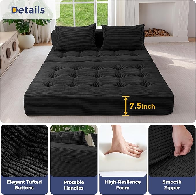 MAXYOYO Folding Sofa Couch, Convertible Floor Sleeper Couch with 2 Pillows, Tufted Floor Loveseat Couch Tufted Fold Out Chair Bed Comfy Sofa Lounge for Living Room Bedroom, Black