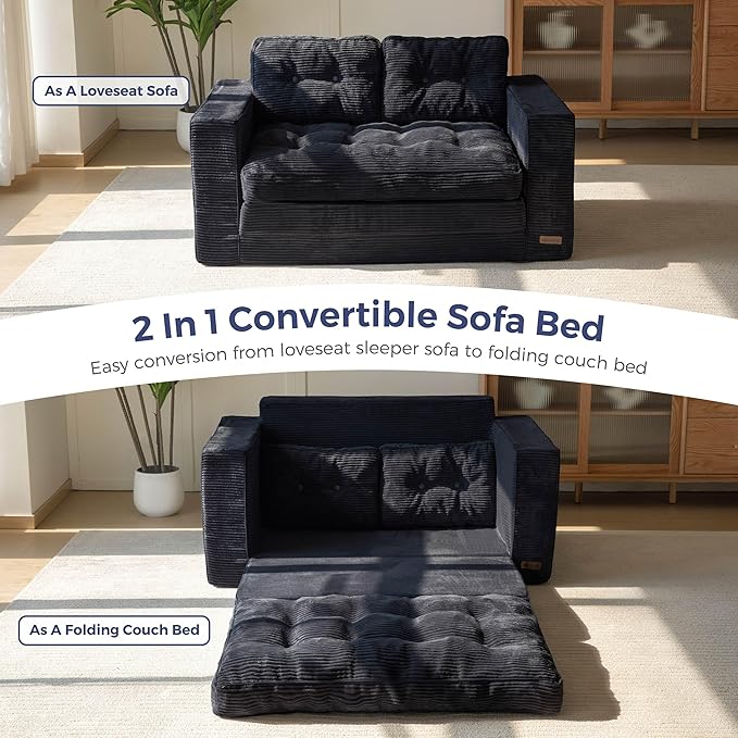 MAXYOYO Convertible Sofa Bed, Pull Out Loveseat Sleeper Sofa, 2 in 1 Folding Couch Bed, Fold Out Floor Couch with Pillows for Living Room Bedroom Lounge, Black