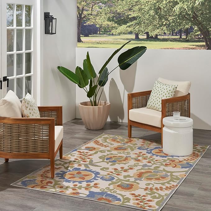 Nourison Home Aloha Ivory Blue 6' x 9' Area Rug - Easy Clean, Non Shedding, Bed Room, Living Room, Dining Room, Kitchen (6' x 9')