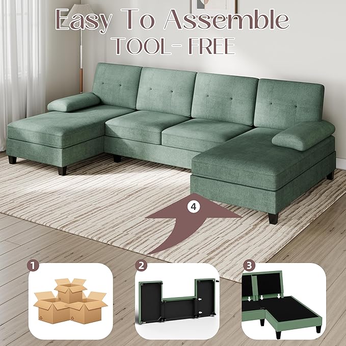 Shintenchi U-Shaped Sectional Couches for Living Room, 4 Seat Sofa with Double Chaise Lounges,Solid Wood Frame Sectional Sofa for Apartment,Green