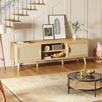 SUPERJARE Boho TV Stand for 65 Inch TV, Entertainment Center with Adjustable Shelf, Rattan TV Console with 2 Cabinets, Media Console, Solid Wood Feet, 4 Cord Holes, for Living Room - Natural