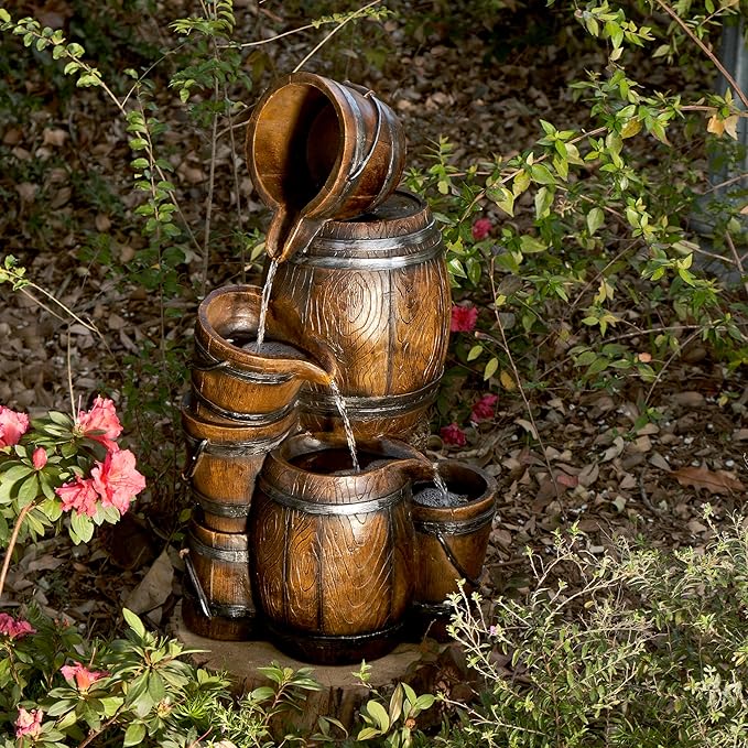 Alpine Corporation ZEN409S Outdoor Rustic 4-Tiered Barrels and Buckets Water Floor Fountain - Farmhouse Style, 24 Inch Tall, Brown
