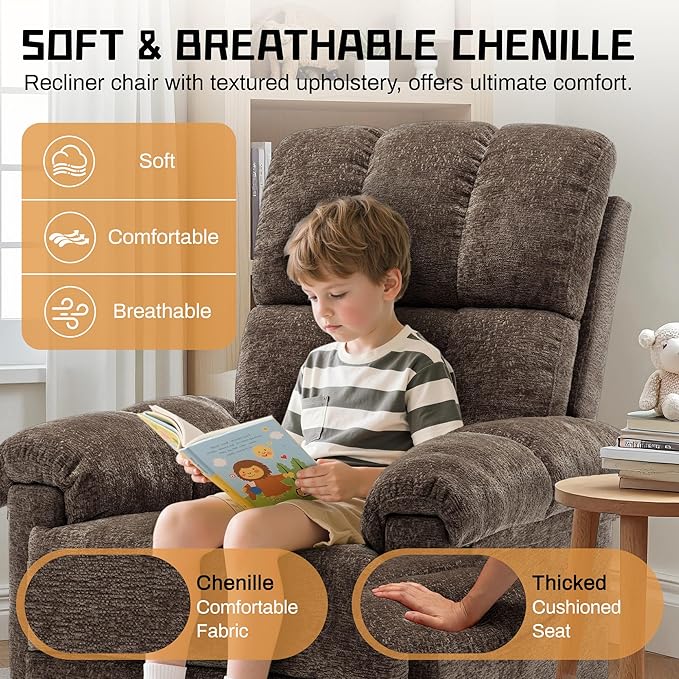 Recliner Chair, Swivel Rocker Recliner Chair for Adults, Small Recliners for Small Spaces, Upholstered Manual Recliner with Side Pockets, Nursery Rocking Chair for Living Room, Chenille, Brown
