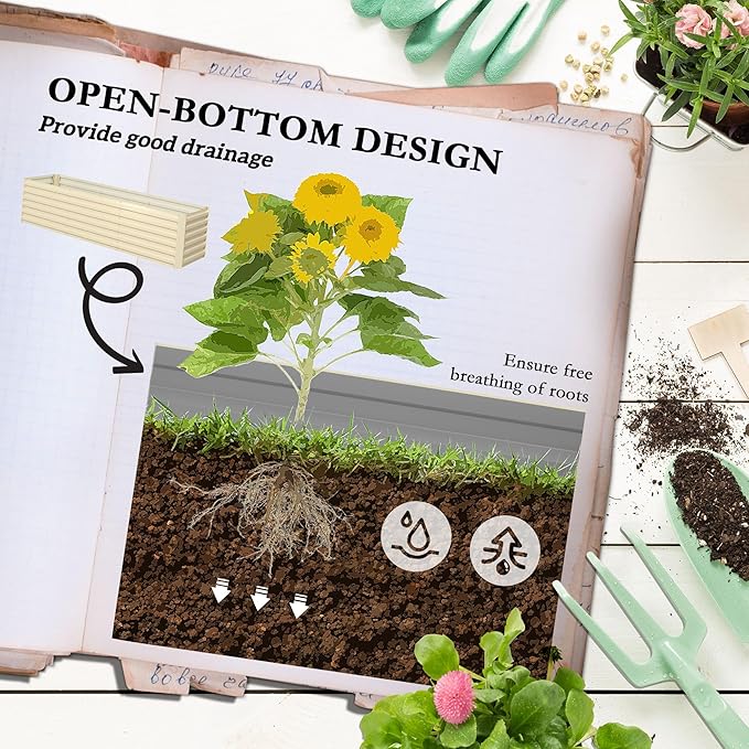 Outsunny 8 x 2 x 2ft Galvanized Raised Garden Bed Kit, Outdoor Metal Elevated Planter Box with Safety Edging, Large Raised Bed for Growing Flowers, Herbs and Vegetables, Cream White