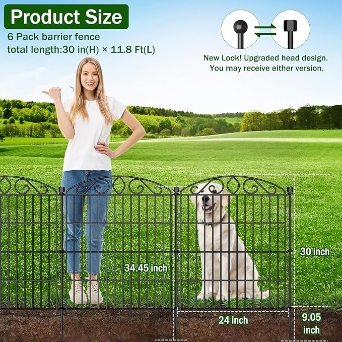 No Dig Decorative Garden Fence 6 Panel - 30in H x 11.8ft L, Tall Animal Barrier for Dogs Rabbits, Rustproof Metal Wire Panels for Yard, Patio, and Outdoor Border Use