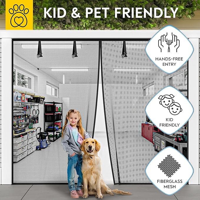 AUGO Garage Door Screen, 2 Car 9x7FT, Fiberglass mesh with Magnetic Closure, Heavy Duty Weighted Bottom, Easy Assembly & Pass, Hands Free Screen Door