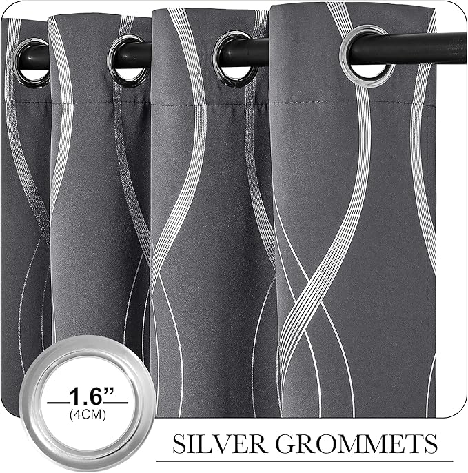 NICETOWN Bedroom Small Blackout Curtain Panels, Set of 2, 42 by 48 Inch,Grey, Window Treatment Thermal Insulated Solid Grommet Blackout Wave Line Foil Print Design Curtains for Kitchen, Cafe, Loft
