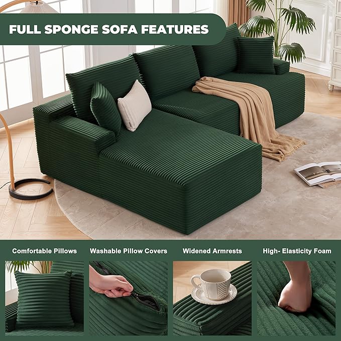 Cloud Sectional Couch, Modular Sectional Sofa for Living Room, Fluffy Comfy Couch with L-Shaped Chaise, Boneless Sofa with Deep Seat, No Assembly Required, Green