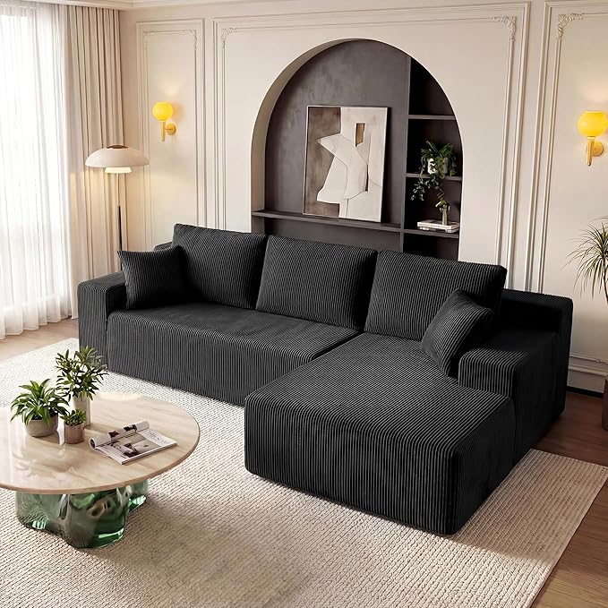 Cloud Sectional Boneless Couches for Living Room, Modular L Shaped Couch with Deep Seat Oversized Right Facing Chaise, Memory Foam Compressed Spineless 3 Seater Sofa for Apartment, Black | No Assembly Required, Deep Seat, Cat-Claw Resistant, High-Resil...