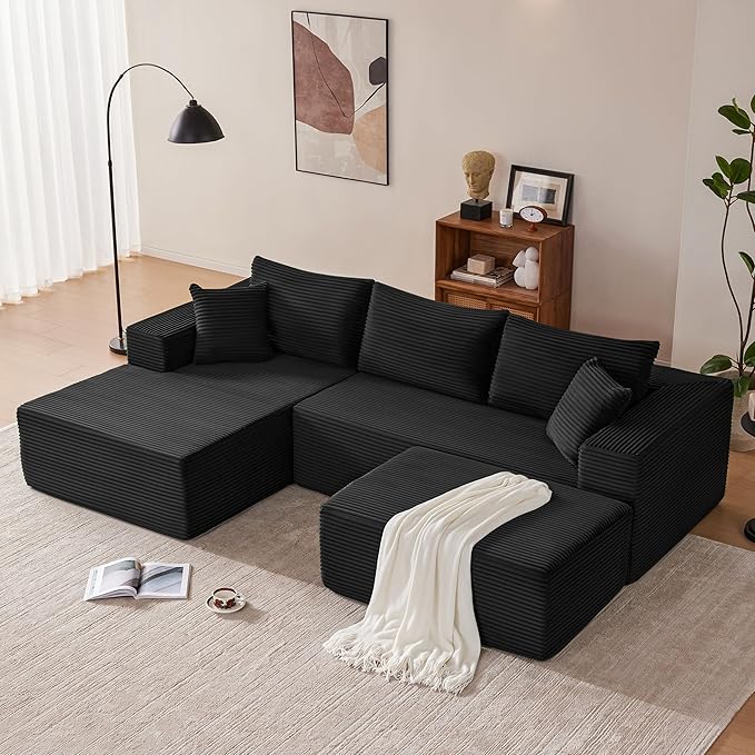110” Cloud Sectional Couch, Modular Sectional Sofa with Deep Seat, Boneless Sofa for Living Room, Fluffy Comfy U-Shaped Couch with Left Facing Chaise, No Assembly Required, Black