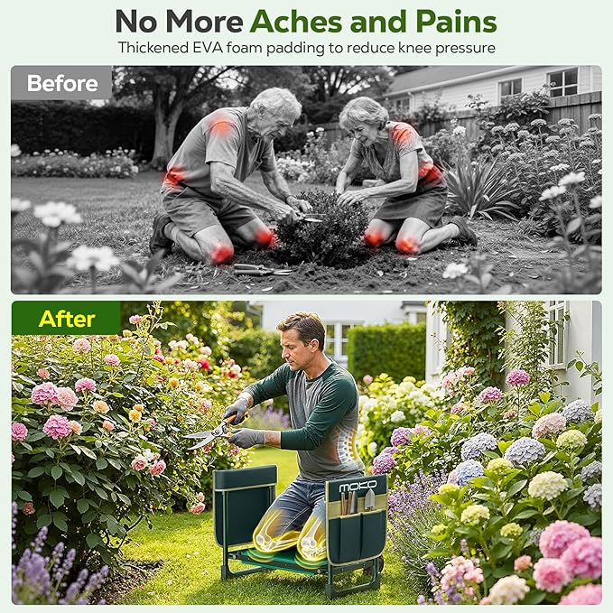 MoKo Garden Kneeler, Heavy Duty Garden Kneeler and Seat Supports up to 350Lbs, Gardening Stool with LargeTool Bag, Foldable Kneeling Stool Space Saving, Gardening Gifts for Women, Seniors, Dark Green