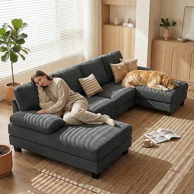 Homall Sectional U Shaped Sofa Couches for Living Room, Comfy Corduroy 4 Seat Sofa Set with Removable Pillows, Lounge Chaise Upholstered Couch for for Apartment (Corduroy, Dark Grey)