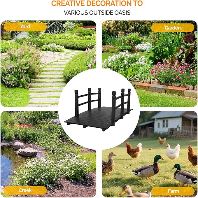 VINGLI Garden Bridge, Classic Wooden Bridge with Safety Rails, Decorative Arched Footbridge (Black, 5 ft)