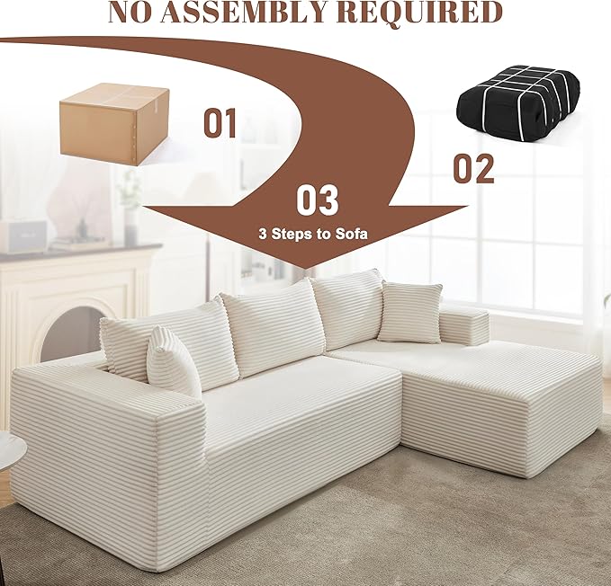 110” Cloud Sectional Couch, Boneless Sofa for Living Room, Modular Sectional Sofa with Deep Seat, Comfy Fluffy Couch with L-Shaped Chaise, No Assembly Required, Beige