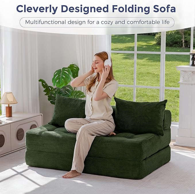 MAXYOYO Folding Sofa Couch, Convertible Floor Sleeper Couch with 2 Pillows, Tufted Floor Loveseat Couch Tufted Fold Out Chair Bed Comfy Sofa Lounge for Living Room Bedroom, Dark Green