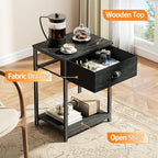 Furologee Nightstands Set of 2, Industrial End Table with Fabric Drawer&Storage Shelf, Small Bedside Table Organizer for Small Space for Living Room, Tall 23.6" Night Stand for Bedroom, Black Oak