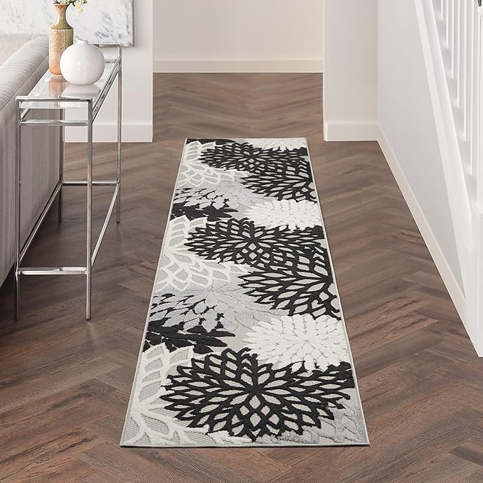 Nourison Home Aloha Indoor/Outdoor Black White 2'3" x 12' Area Rug, Tropical, Botanical, Easy Cleaning, Non Shedding, Bed Room, Living Room, Dining Room, Deck, Backyard, Patio (2x12)