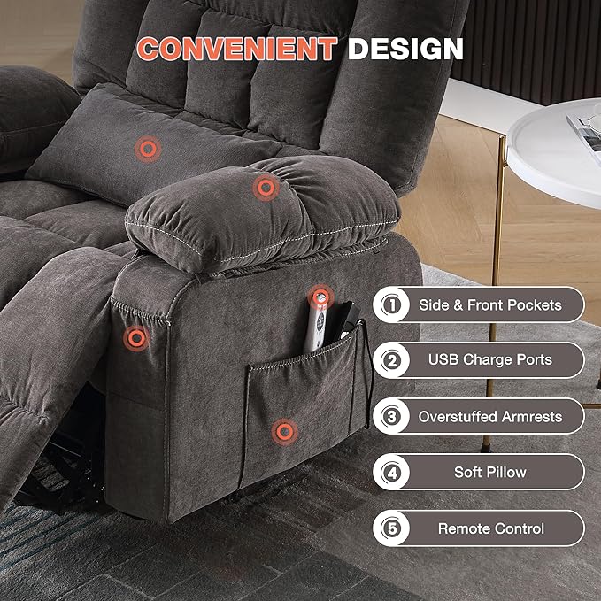 Power Lift Recliner Chair for Elderly with Vibration Massage and Lumbar Heating, Electric Lift Recliner Single Sofa with Side Pocket and USB Charge Port for Living Room