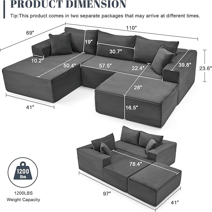110” Cloud Sectional Couch, Modular Sectional Sofa with Deep Seat, Boneless Sofa for Living Room, Fluffy Comfy U-Shaped Couch with Left Facing Chaise, No Assembly Required, Grey