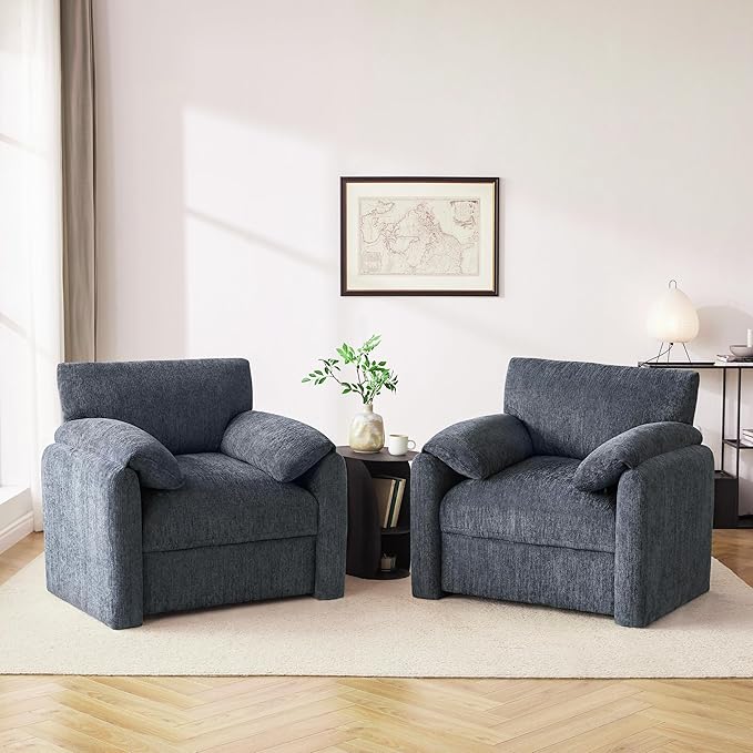 Chenille Oversized Armchair, 38.6" Wide Accent Chairs for Living Room & Bedroom Modern Lounge Chair, Upholstered Mid-Century Reading Chair, Comfy Living Room Chair, Single Sofa Chair, Blue