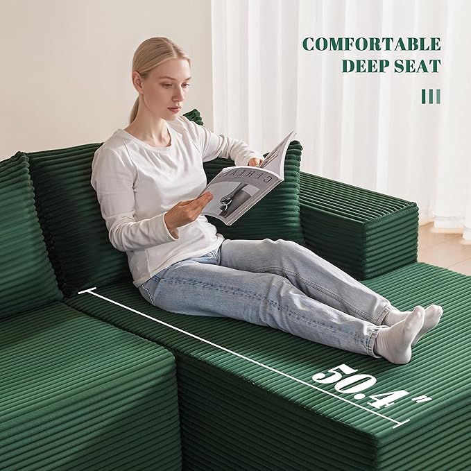 110” Cloud Sectional Couch, Boneless Sofa for Living Room, Modular Sectional Sofa with Deep Seat, Comfy Fluffy U-Shaped Couch with Right-Facing Chaise, No Assembly Required, Green