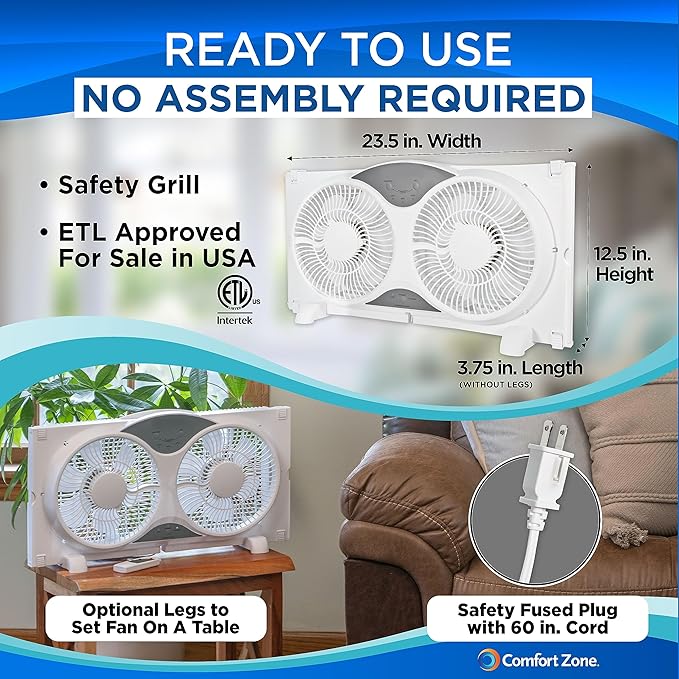 Comfort Zone 9-Inch Smart WiFi Twin Window Fan – 3-Speed Dual Blade Fan with App & Voice Control, Reversible Exhaust, Cooling & Circulate Modes, Expandable 23.5" to 37", Bug Screen