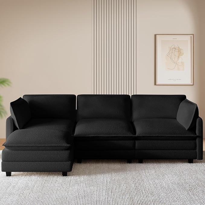 ROWHY 112'' Modular Sectional Cloud Couch with Movable Ottoman, 4 Seat Modern Chenille Sofa with 2 Throw Pillows, Deep Seat L Shaped Couch for Living Room Bedroom Apartment, Black | Arrange Freedom, Pet-Friendly Fabric, Sturdy Frame, Ultimate Comfort, ...