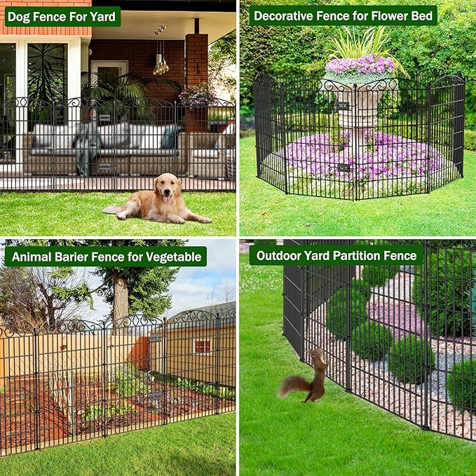 12 Panel No Dig Decorative Garden Fence with Gate - 42in H x 26.5 ft L, Tall Animal Barrier for Dogs Rabbits, Rustproof Metal Wire Panels for Yard, Patio, and Outdoor Border Use