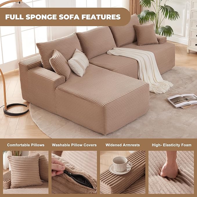 Cloud Sectional Couch, Boneless Sofa for Living Room, Modular Sectional Sofa with Deep Seat, Fluffy Comfy Couch with L-Shaped Chaise, No Assembly Required, Camel