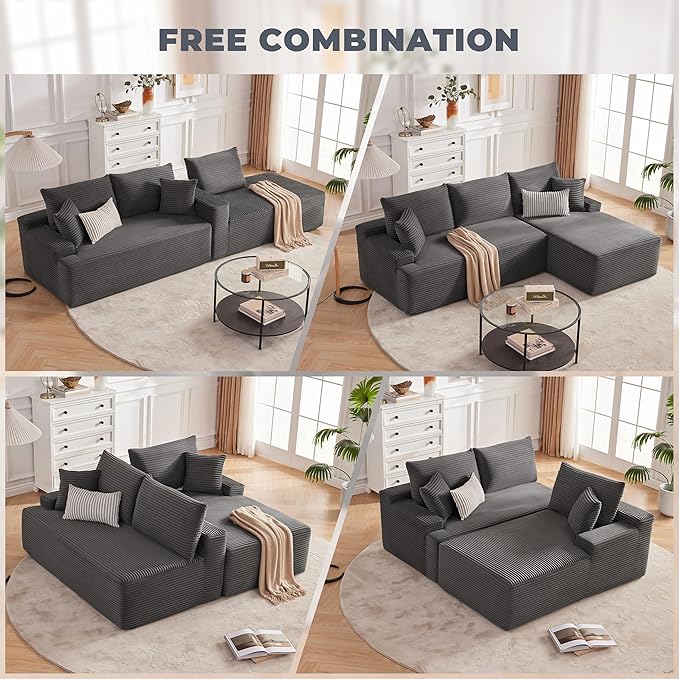 Cloud Sectional Sofa, Boneless Couch for Living Room, Modular Sectional Sofa with Deep Seat, Fluffy L-Shaped Comfy Couch with Right-Facing Chaise, No Assembly Required, Grey