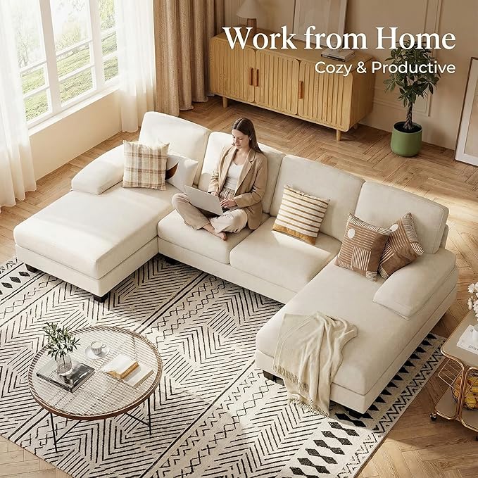 Homall Sectional U Shaped Sofa Couches for Living Room, Comfy Chenille 4 Seat Sofa Set with Removable Pillows, Lounge Chaise Upholstered Couch for for Apartment (Chenille, White)