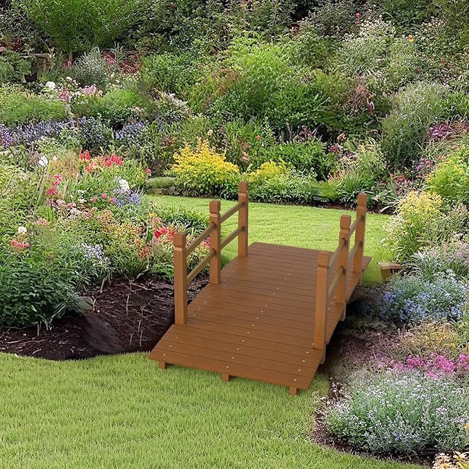 VINGLI Garden Bridge, Classic Wooden Bridge with Safety Rails, Decorative Arhced Footbridge for Patio Pond, Creek, Pathway(Brown, 5 ft)