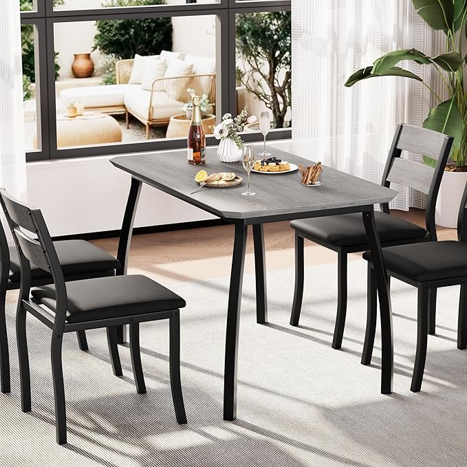 IDEALHOUSE Dining Table Set for 4 Modern Kitchen Table and Chairs Set with Chamfered Edges Cushioned Seats Space-Saving Metal Frame Compact Breakfast Nook (Soft Seat Black Tube + Black)