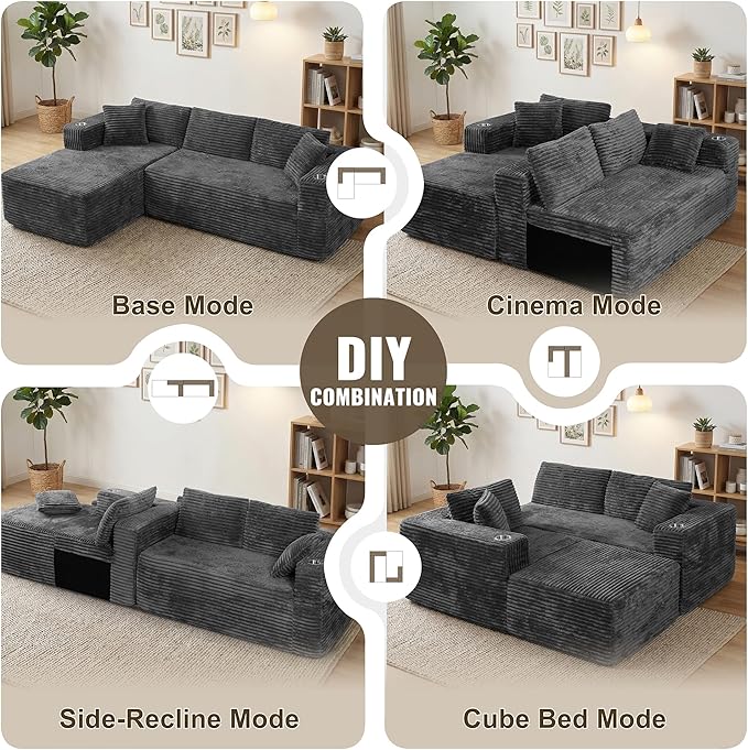 Shintenchi Boneless Couches for Living Room,Modular Sectional Sofa with 2 Cup Holders,Memory Foam Cloud Couch with L Shaped Oversized Chaise,No Assembly Needed Plush Corduroy Sofa,Dark Gray