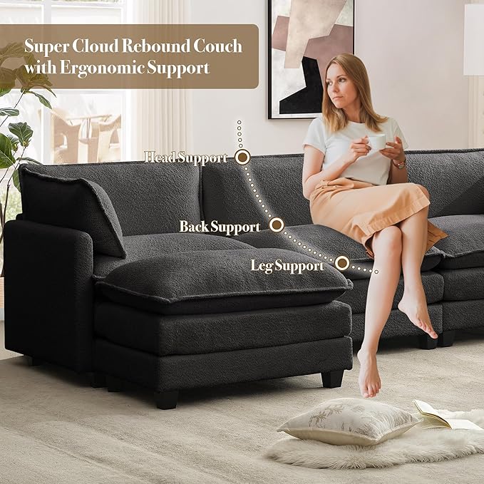 ROWHY 112'' Modular Sectional Cloud Couch with Movable Ottoman, 4 Seat Modern Chenille Sofa with 2 Throw Pillows, Deep Seat L Shaped Couch for Living Room Bedroom Apartment, Dark Grey | Arrange Freedom, Pet-Friendly Fabric, Sturdy Frame, Ultimate Comfo...