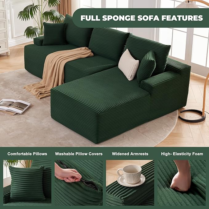 Cloud Sectional Sofa, Boneless Couch for Living Room, Modular Sectional Sofa with Deep Seat, Fluffy L-Shaped Comfy Couch with Right-Facing Chaise, No Assembly Required, Green