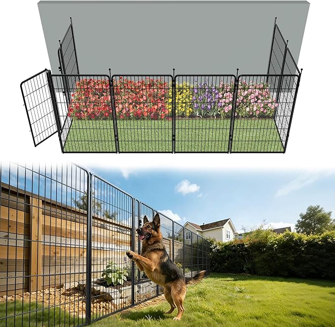 FXW Garden Fence Outdoor for The Yard – 45in(H) x 18.2ft(L) Heavy Duty Metal Animal Barrier for Dog and Rabbit, Decorative Dog Fence, 8 Panels, Black