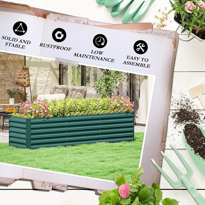 Outsunny 8 x 2 x 2ft Galvanized Raised Garden Bed Kit, Outdoor Metal Elevated Planter Box with Safety Edging, Large Raised Bed for Growing Flowers, Herbs and Vegetables, Green