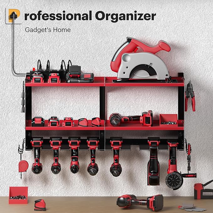 Power Tool Organizer Wall Mount with Charging Station, 15 Min Assembly & Maximum 420lbs Load by Heavy Duty Metal, 8 Slots for Cordless Drill, Tool Battery Holder with 6 Outlet Power Strip