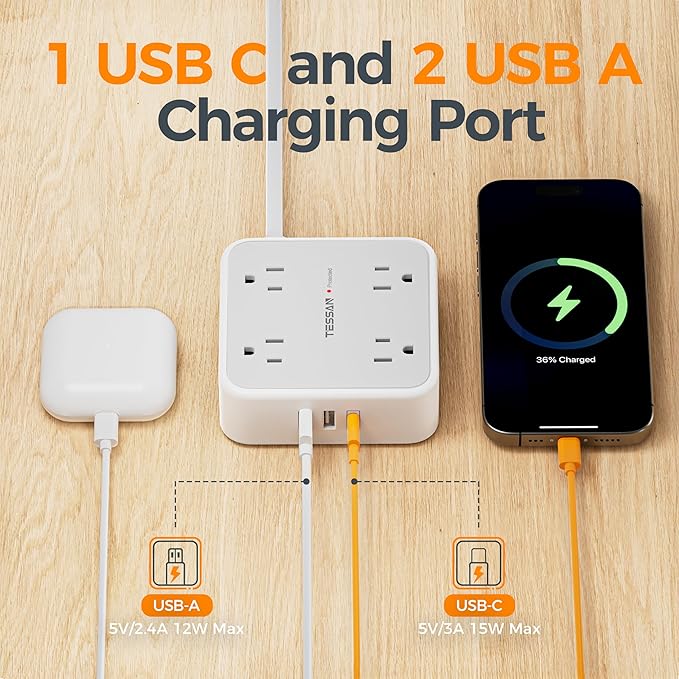TESSAN Surge Protector Power Strip, 5 Ft Flat Plug Extension Cord with 3 USB (1 USB C) 8 Outlets, 1250W, 900J Protection, 3 Sided Outlet Extender with Power Switch for Office, Dorm Room, Grey