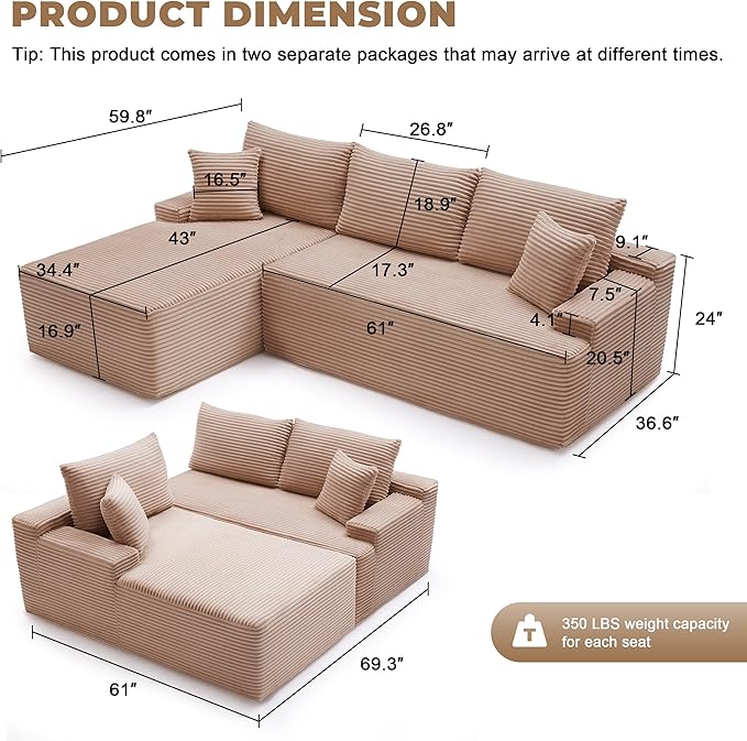Cloud Sectional Couch, Boneless Sofa for Living Room, Modular Sectional Sofa with Deep Seat, Fluffy Comfy Couch with L-Shaped Chaise, No Assembly Required, Camel