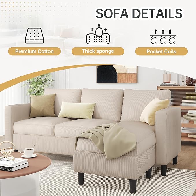 JAMFLY 3-Seat Convertible L-Shaped Sectional Sofa with Reversible Ottoman, Upholstered Fabric Couch for Small Living Rooms, Modern Modular Couch for Apartment, Studio & Loft, Beige