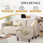 JAMFLY 3-Seat Convertible L-Shaped Sectional Sofa with Reversible Ottoman, Upholstered Fabric Couch for Small Living Rooms, Modern Modular Couch for Apartment, Studio & Loft, Beige