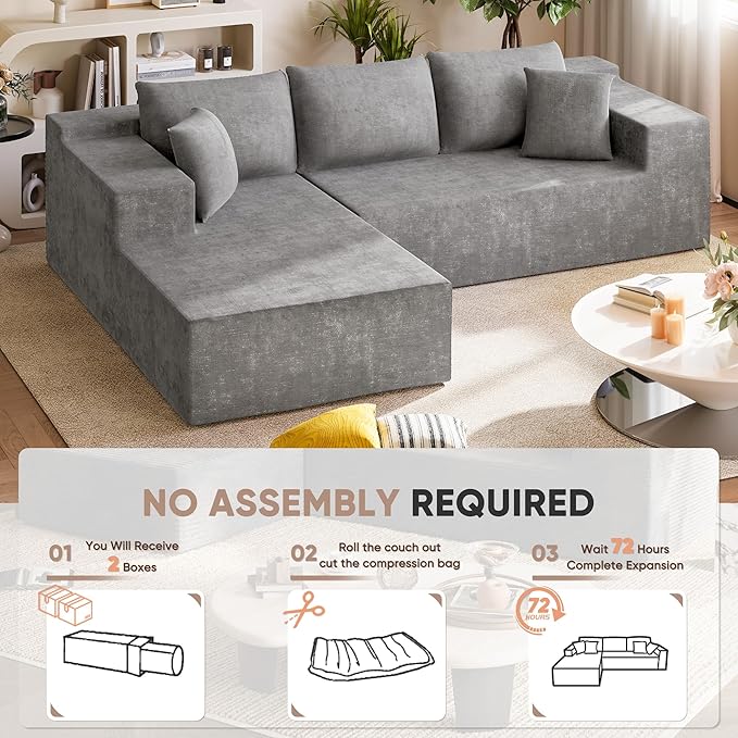 Homall 108" Modular Sectional Sofa, Boneless Couch with L-Shape Chaise, Cloud Couch with Deep Seat Upholstered, No Assembly Required for Living Room, Bedroom (Chenille, Grey)