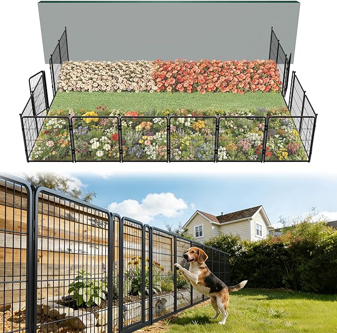 FXW Garden Fence Outdoor for The Yard – 32in(H) x 36.4ft(L) Heavy Duty Metal Animal Barrier for Dog and Rabbit, Decorative Dog Fence, 16 Panels, Black