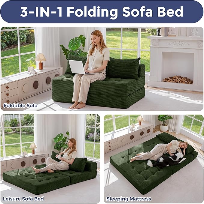 MAXYOYO Folding Sofa Couch, Convertible Floor Sleeper Couch with 2 Pillows, Tufted Floor Loveseat Couch Tufted Fold Out Chair Bed Comfy Sofa Lounge for Living Room Bedroom, Dark Green