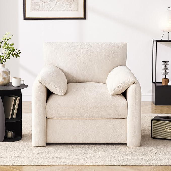 Chenille Oversized Armchair, 38.6" Wide Accent Chairs for Living Room & Bedroom Modern Lounge Chair, Upholstered Mid-Century Reading Chair, Comfy Living Room Chair, Single Sofa Chair, Beige